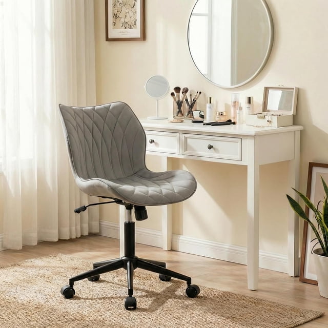 Armless Office Chair PU Leather Desk Chair with Wheels Adjustable Swivel Mid Back Computer Chair Rocking Vanity Seat for Bedroom Sturdy Support Easy to Clean Grey