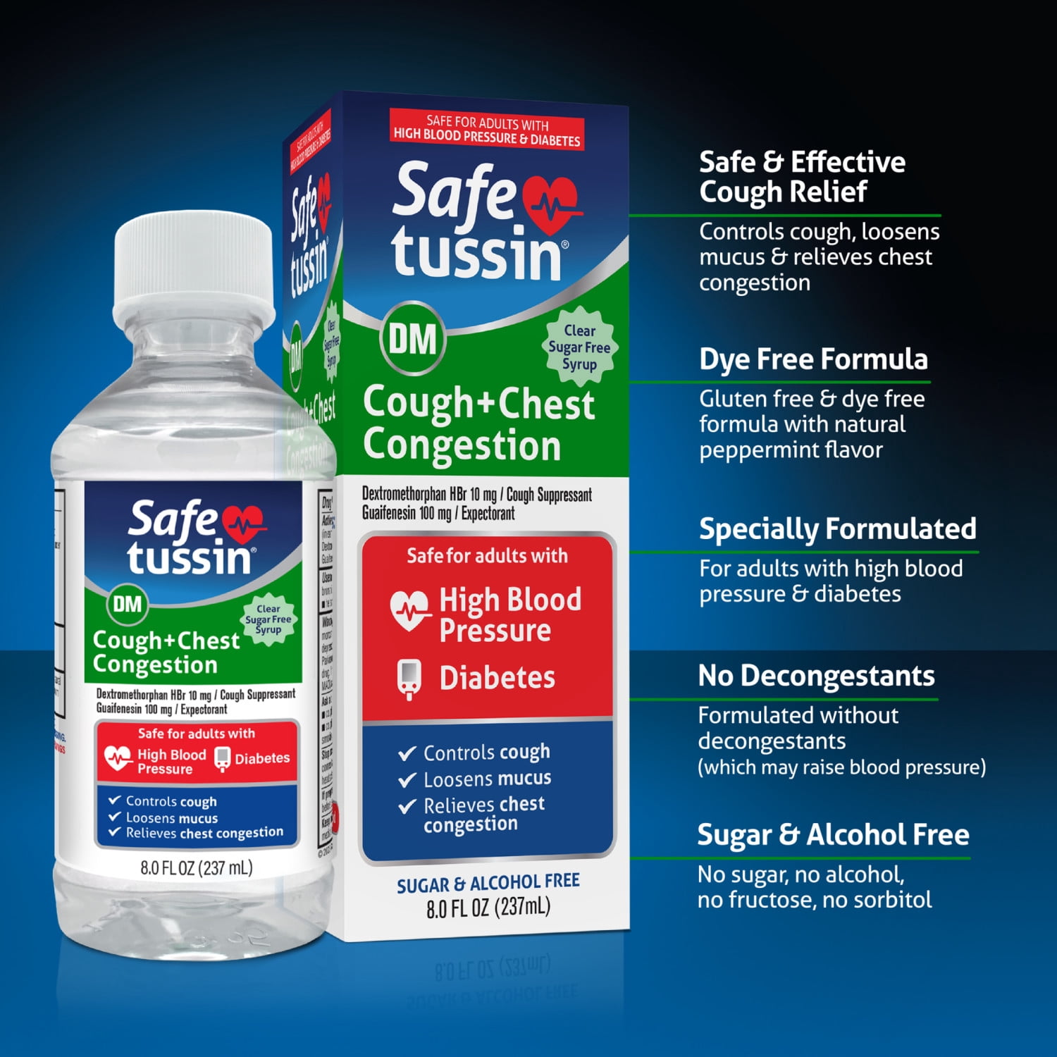 Safetussin DM Non-Drowsy Cough + Chest Congestion Relief, Safe for High Blood Pressure & Diabetes, 8 Fl oz