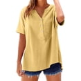 thumbnail image 4 of LEKODE Linen Tops for Women Casual V Neck Gauze Shirts for Women 3/4 Sleeve Casual Tunic Blouses Everyday Shirt Tunic Tops Summer Tees Loose Clothes Henley Shirt Button Blouses Yellow M, 4 of 8