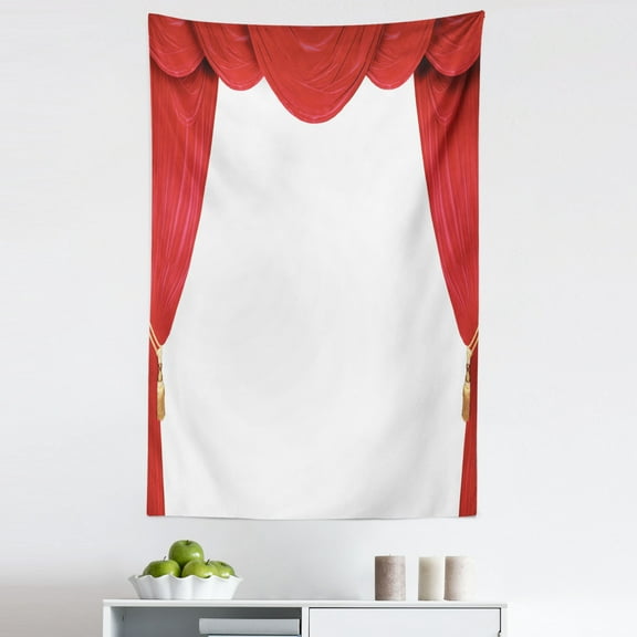 Theatre Tapestry, Show Stage Curtains Opening Classic Antique Look on Plain Background Graphic, Fabric Wall Hanging Decor for Bedroom Living Room Dorm, 5 Sizes, Red and White, by Ambesonne