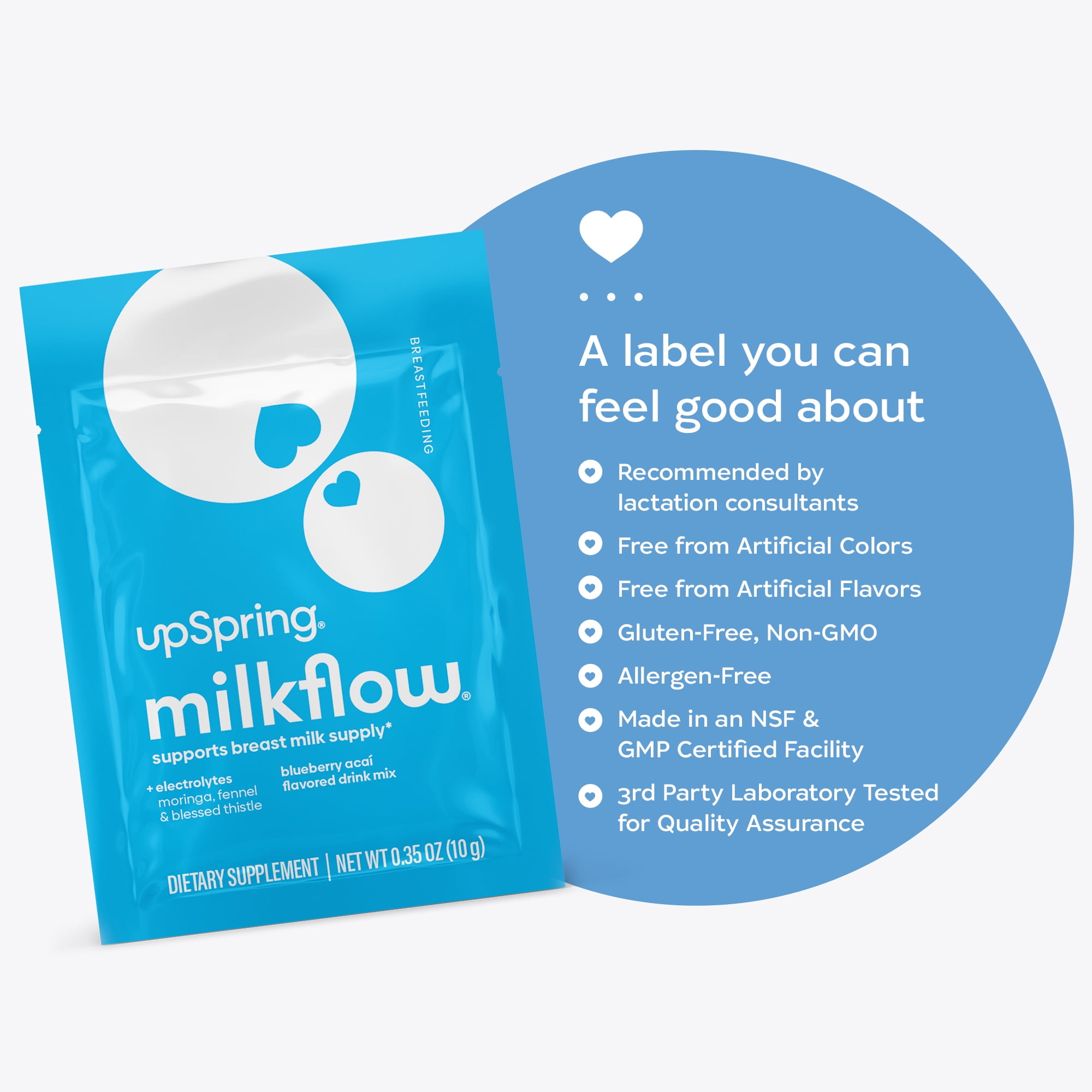 UpSpring Milkflow Fenugreek-Free Breastfeeding Drink Mix with Electrolytes, Blueberry Acai, 16 Count