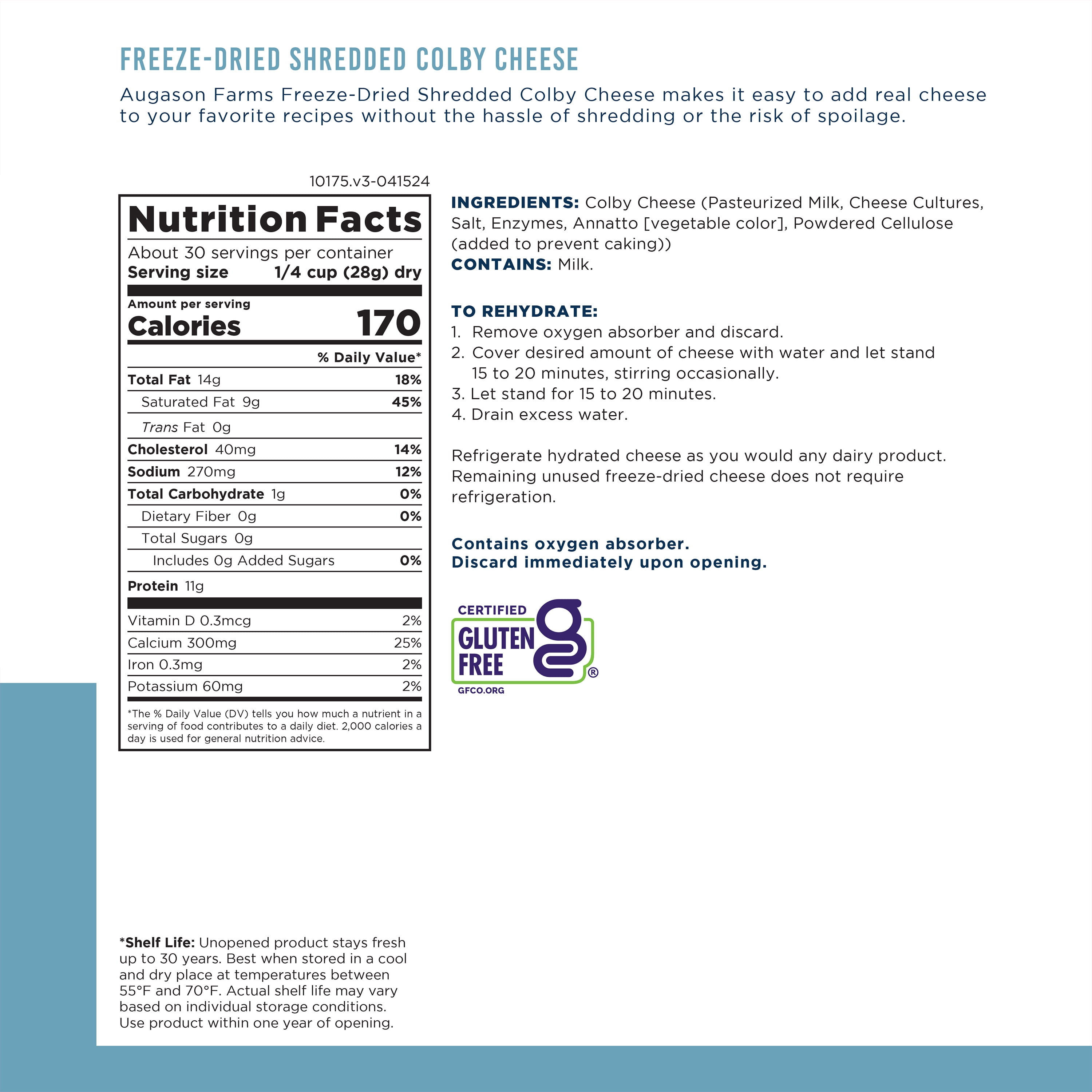 Freeze Dried Shredded Colby Cheese Can Emergency Food Supply, 30 Servings, 30 Year Shelf Life, Certified Gluten Free, Made with Real Milk, 11g Protein per Serving - Freeze Dried Cheese
