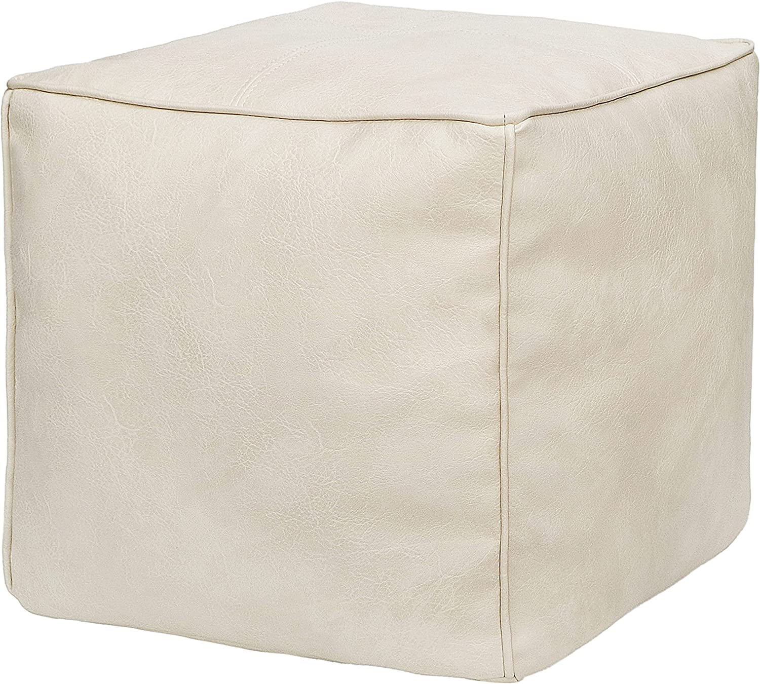Thgonwid Cube Vegan Leather Pouf, 16.5" x 16.5" x 15.7", Ivory White