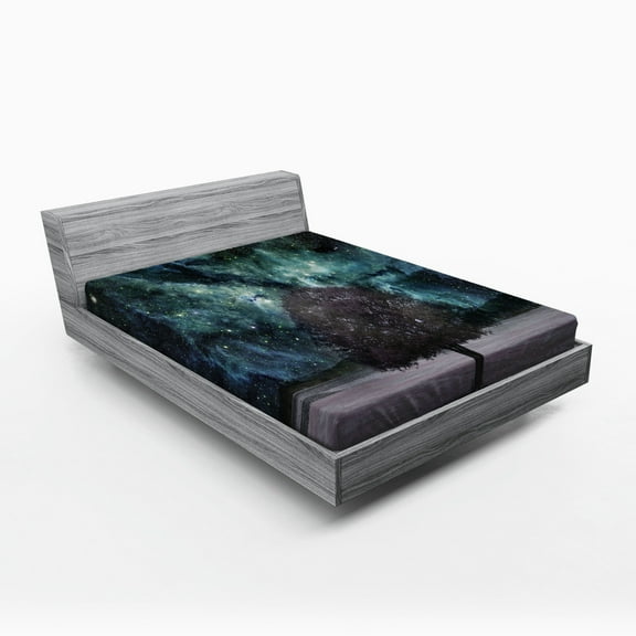 Space Fitted Sheet, Outer Cosmos Nebula Galaxy Stars Mars Jupiter a Tree on a Planet Universe Print, Soft Decorative Fabric Bedding, Full Size, Multicolor, by Ambesonne