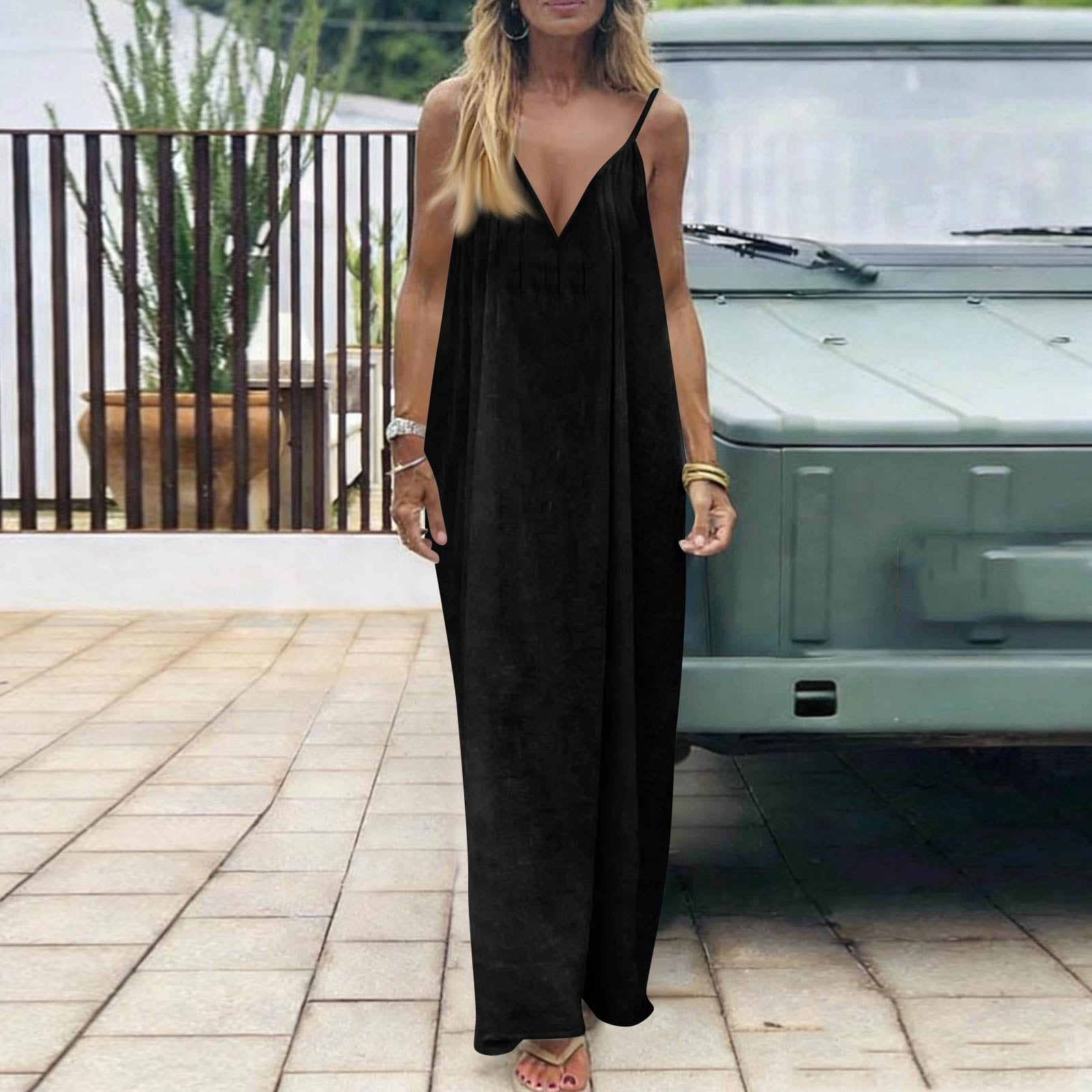 black strappy detail backless cami dress Ovticza Women Spaghetti Strap Backless Cami Dress Cotton Flowy Midi Sundress Summer Beach Lounge House Dress Black XL, Women's