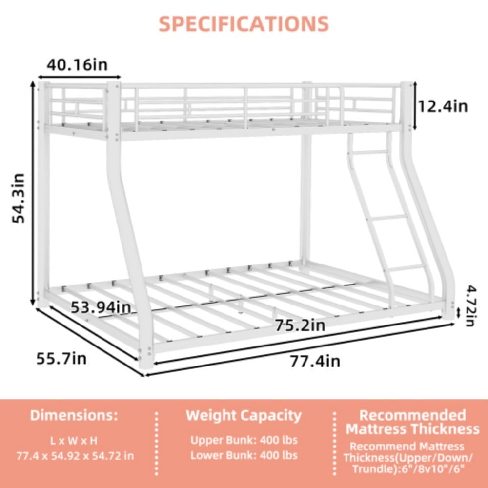 Twin Over Full Metal Bunk Bed, Heavy Duty Frame with Guardrails, Space-Saving Design, Twin & Full Mattress Compatible, Classic White