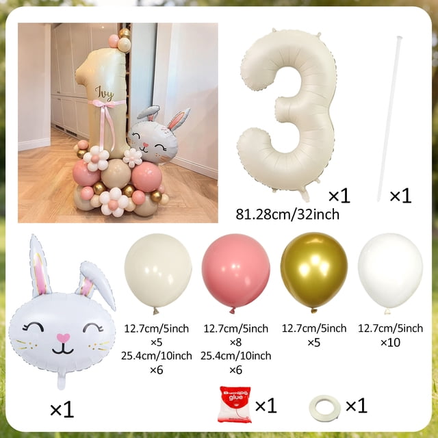 Rabbit Balloon Set Milk White Number 0-9 Balloon for Birthday Party Shower Anniversary Decoration Balloon Jungle Rabbit Balloon