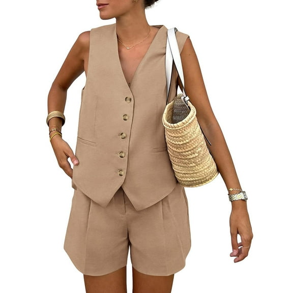 Women'S Summer 2 Piece Outfits Sleeveless Matching Sets Button Down V Neck Vest Waistcoat and Pockets Shorts Khaki L