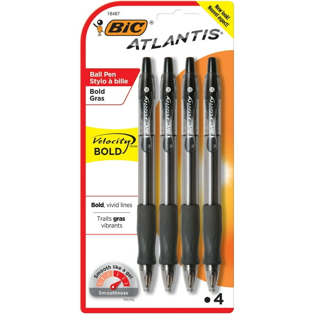 BIC Atlantis Velocity Bold Retractable Ball Pen, Bold Point, 4 Count ...