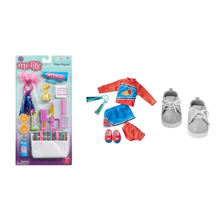 My Life As Doll Fashion  Shoes  and Accessory Bundle  Includes Denim Sequin Outfit  Pink Glitter Shoes and Tidy Up Playset for 18  Dolls  16 Pieces