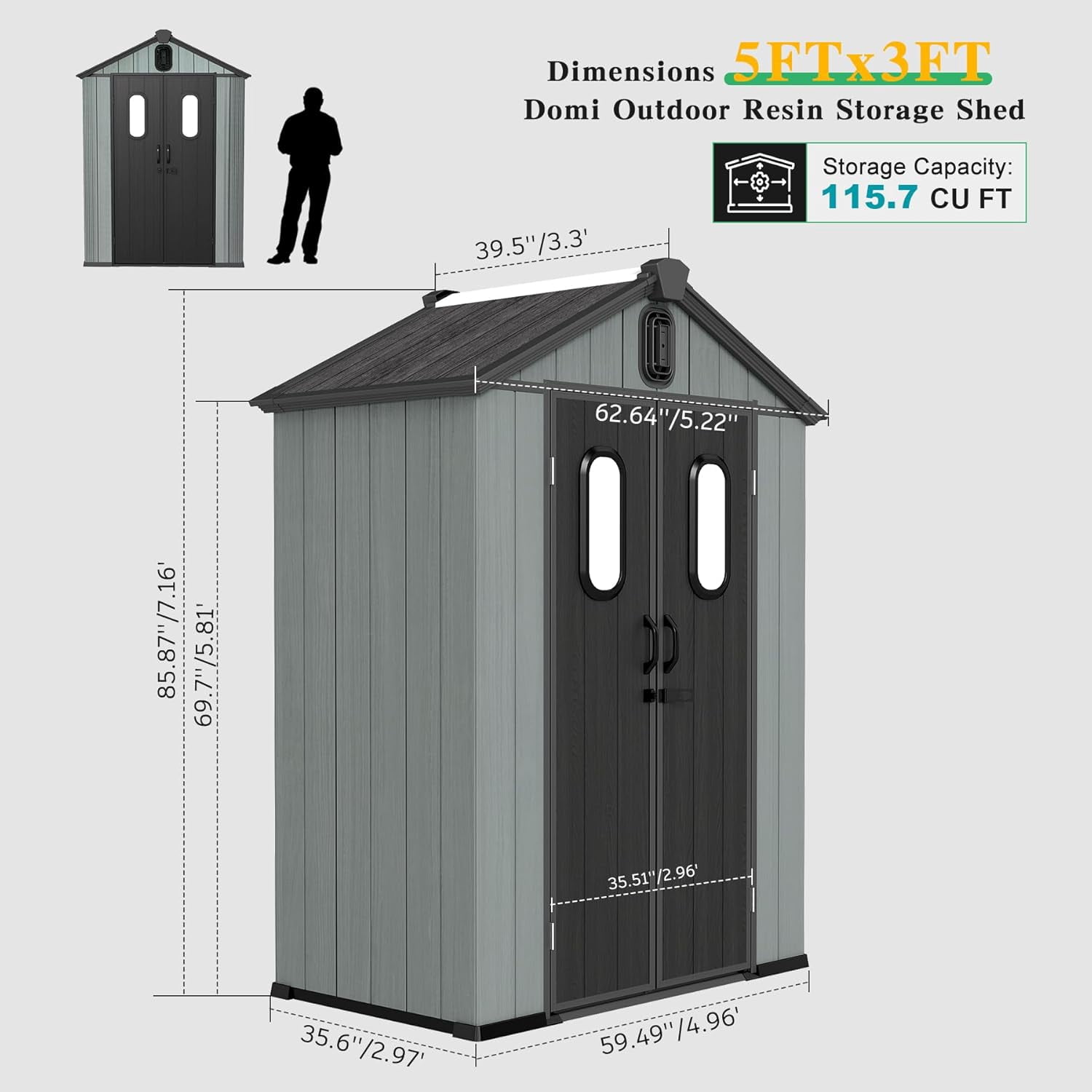 Domi Outdoor Living 5x3 FT Outdoor Resin Storage Shed,Waterproof Plastic Garden Shed with Lockable Doors, Windows & Vents,Large Outdoor Tool Shed for Patio, Lawn Mower, Bikes & Garden