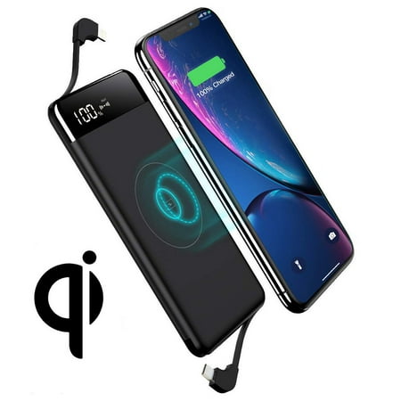 Portable Mini Power Bank with Qi Wireless Fast Charge 10000mAh High Capacity with Built-In Cable for iPhone & Micro USB, Plus USB Fast Charge Port – Black