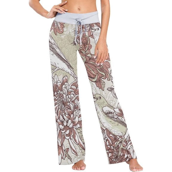 Women's Pajama Pants Vintage Birds Print Comfy Stretch Sleepwear Essentials womens Lightweight Lounge Terry Pajama Pant, Medium