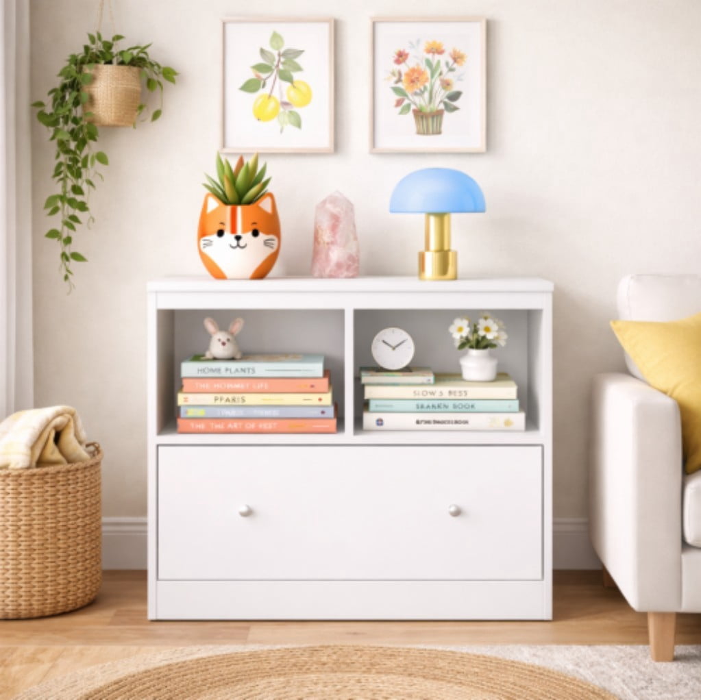 Kids Toy Storage Organizer with Large Drawer, 2-Tier Low Bookshelf & Open Shelves, Wooden Bookcase Cabinet for Books and Toys, Nursery, Playroom & Bedroom, White