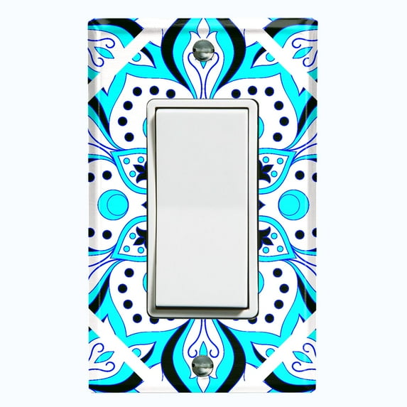 Metal Light Switch Plate Cover Neon Blue Mandala Flower Tile Pattern MDL033