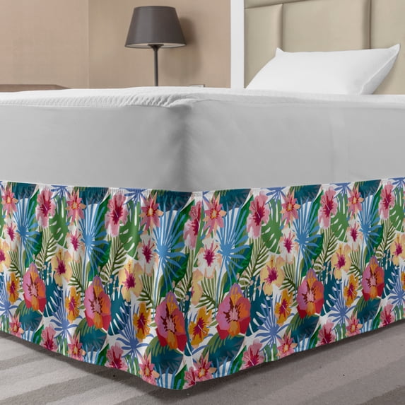 Aloha Bed Skirt, Abstract Jungle Nature Flourish Motifs with Painting Effect Summer Rainforest Theme, Elastic Bedskirt Dust Ruffle Wrap Around for Bedding Decor, 4 Sizes, Multicolor, by Ambesonne