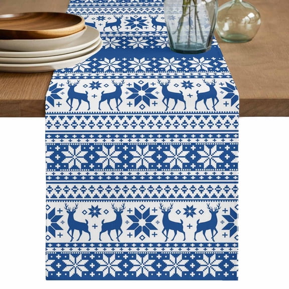 Christmas Boho Blue Table Runner 36 Inches, Winter Poinsettia Elk Xmas Deer Flower Bed Runner Dresser Scarves Tabletop for Indoor Outdoor Parties/Ceremony/Banquet, 13"x 36"