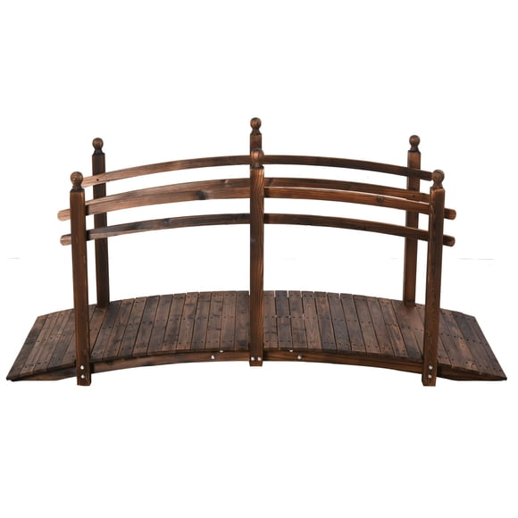 7.5ft Arched Fir Wood Garden Bridge with Side Railings, Tan Decorative Footbridge for Backyard, Pond, or Stream Walkway, Weather-Resistant Varnish Finish, 89.75" L x 29.5" W x 43.25" H