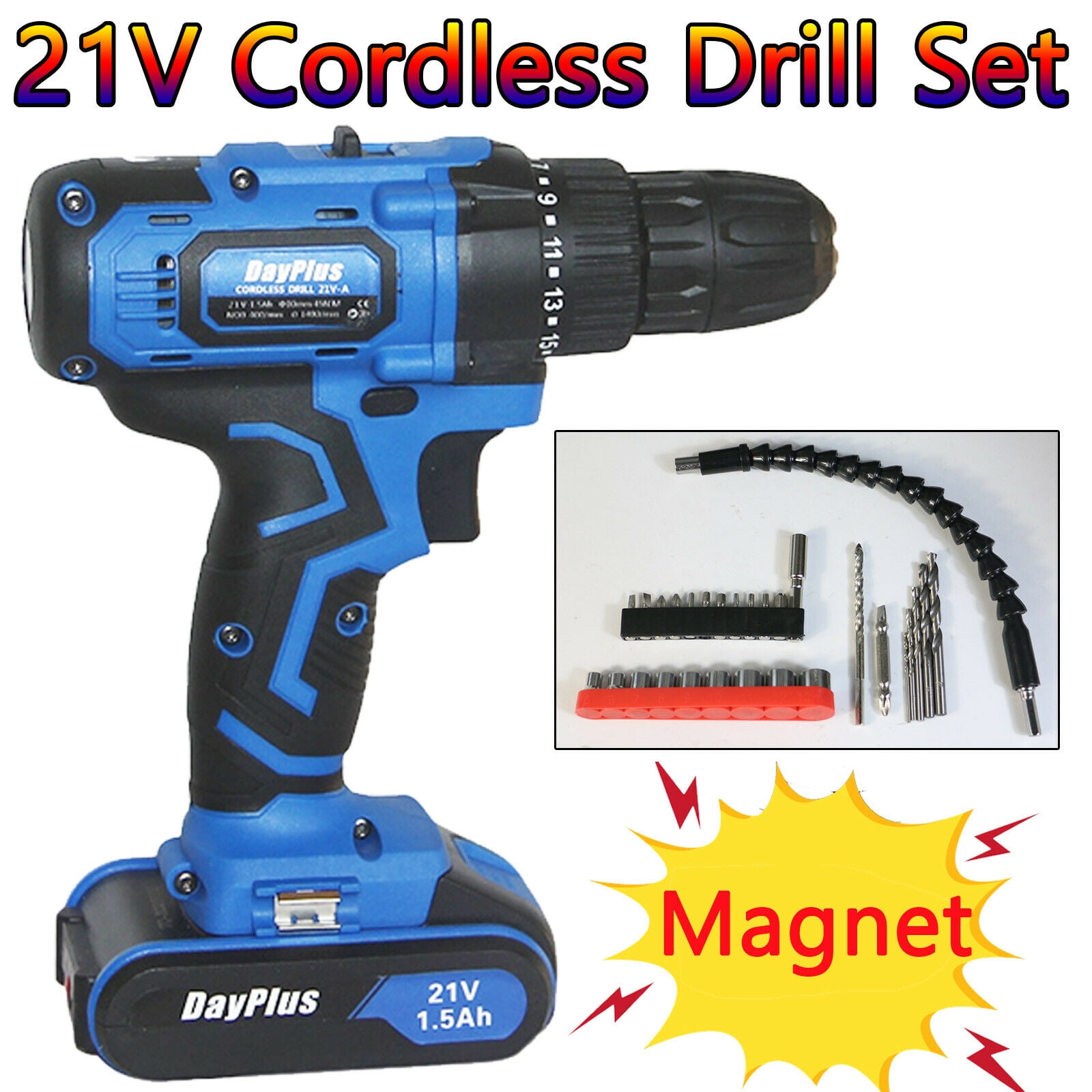 21-Volt Hammer 2 Speed Electric Cordless Drill/Driver with Bits Set &2 Batteries 