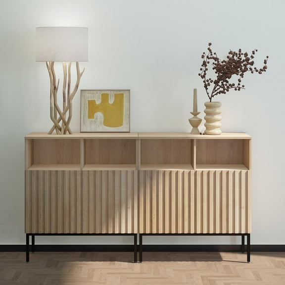 NEWADARA Set of 2 Oxford Fluted Storage Cabinet, Sideboard Buffet Credenza Cabinet with Doors & Shelves Accent Console Cabinet for Living Dining Room, Entryway, Natural Oak