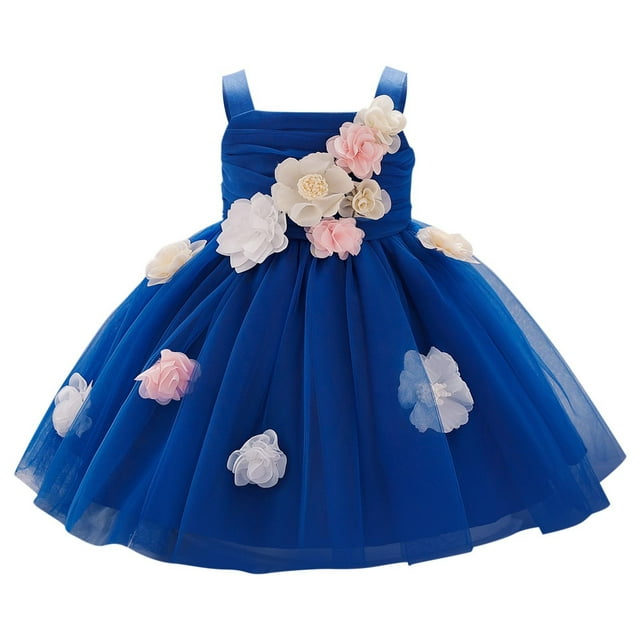 Bwiyojiz Tailles Mode 70-110 Été Bébé d'Un An Robe Sans Manches à Bretelles Fleur Tridimensionnelle Épaule en Maille Princesse Performance Lessive, Bleu