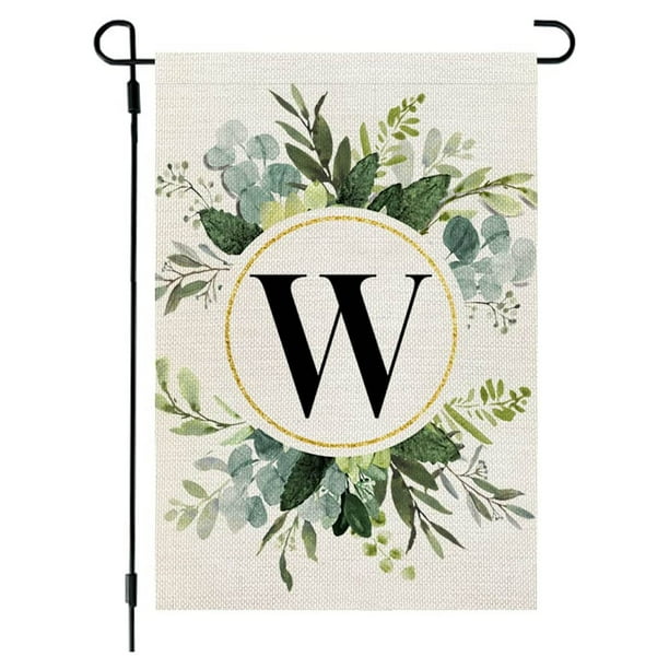 Bandera de lino para jardín, estilo Ins, con estampado de 26 letras y plantas verdes, con la primera letra del apellido, ideal para colgar en la puerta del patio.