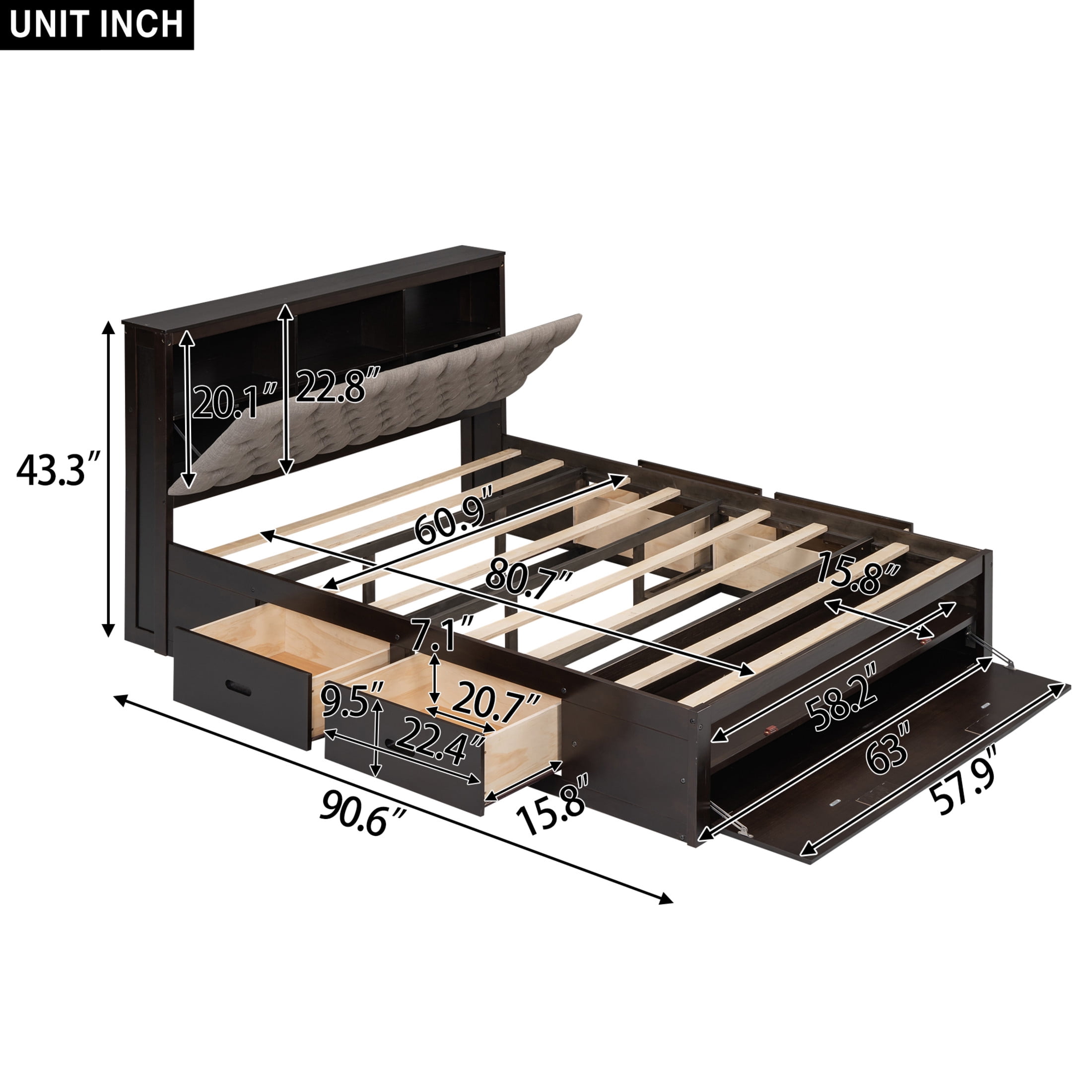 Noble House Norva Queen Size Wood Platform Bed, Storage Headboard with Integrated Drawers and Shoe Rack, Espresso