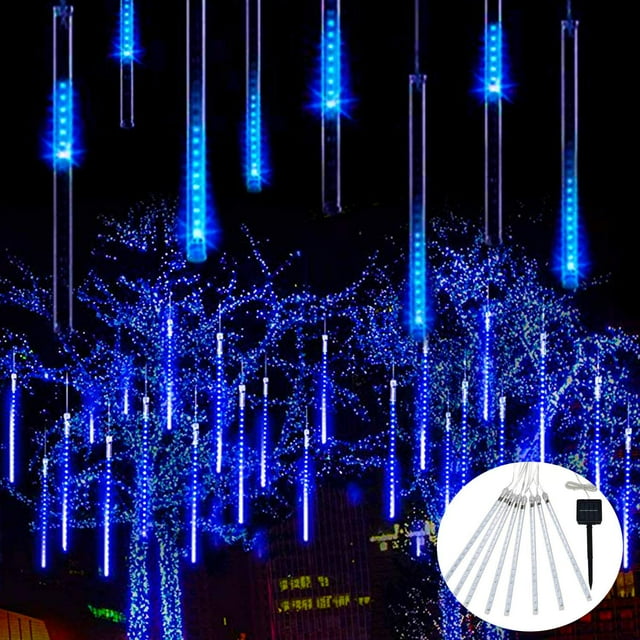 Luces de lluvia de meteoritos solares FloreceBien, 30 cm, 8 tubos, 144 LED, luces de meteorito azules, cadena de luces LED con forma de lluvia que cae para decoración de fiestas navideñas, patios y