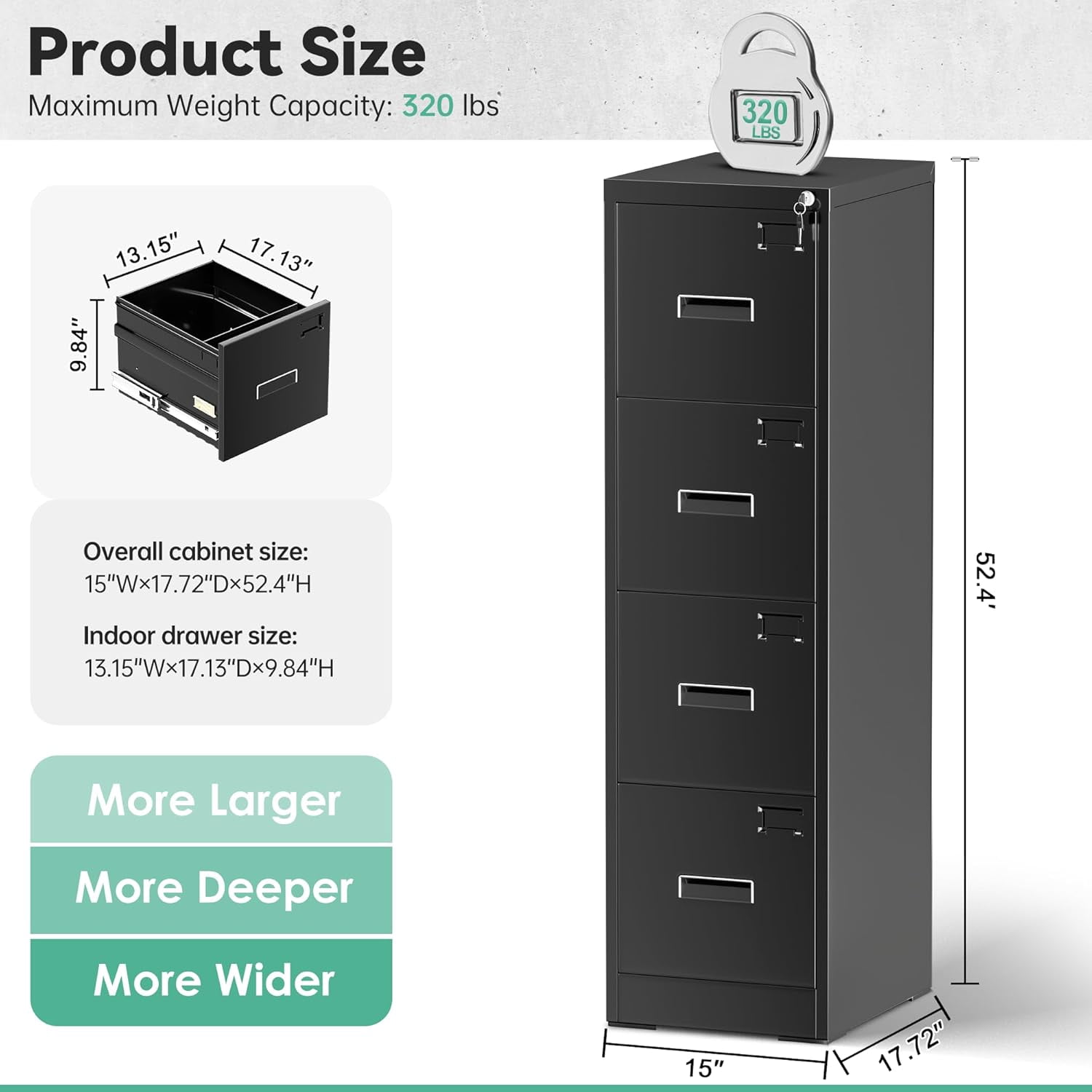 Bonusall Vertical File Cabinet with Lock, 4 Drawer Locking Vertical Filing Cabinet for Legal/Letter Size, Metal Horizontal File Organizer with Hanging Rack for Home Office, Heavy Duty, Black