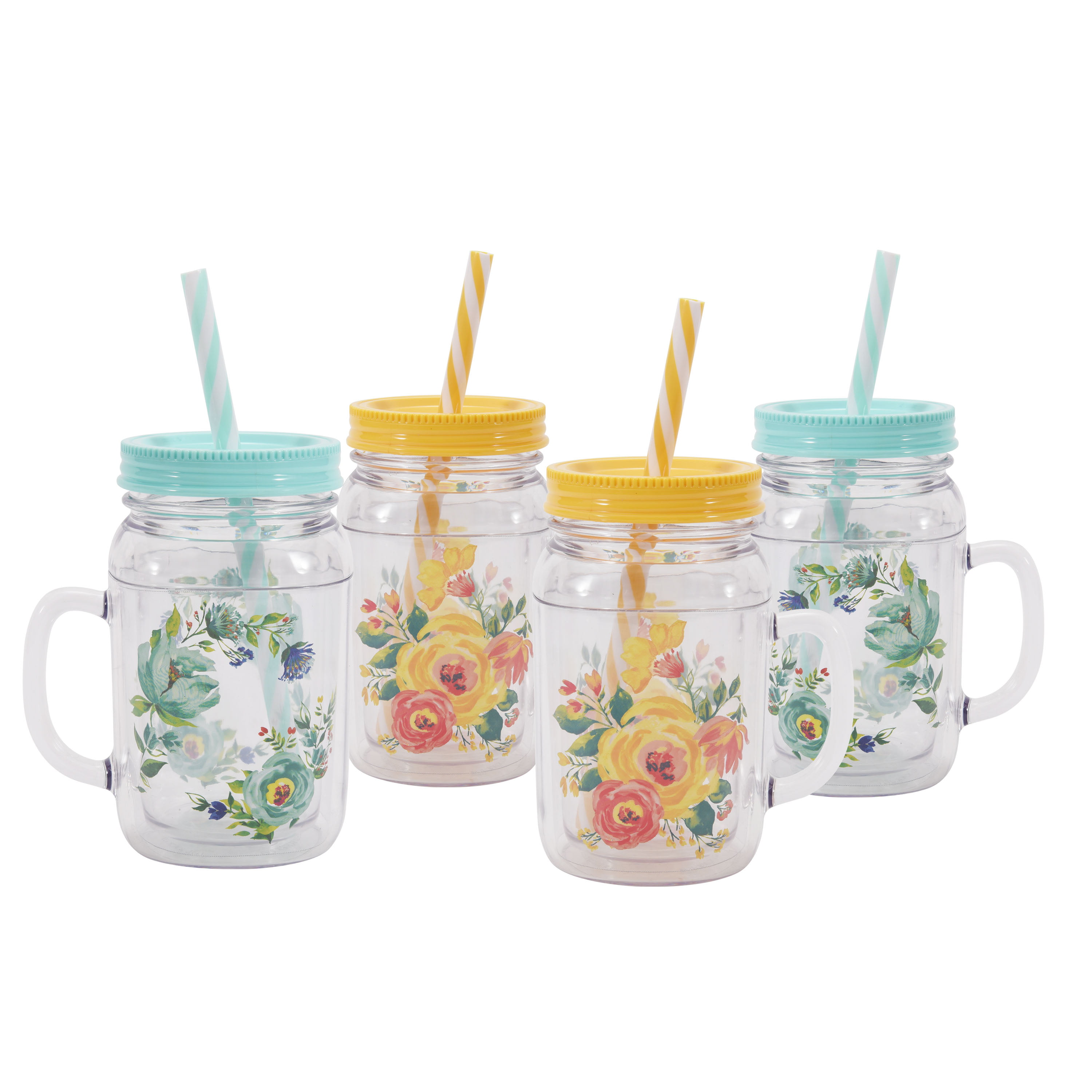 The Pioneer Woman Simple Homemade Goodness 16 Ounce Mason Jar with Timeless  Floral Lid & Straw, 4 Count