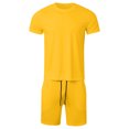 thumbnail image 4 of Mens Short Sets 2 Piece Outfits Summer Casual Soft Breathable Cotton Short Sleeve Shirts and Shorts Solid Color Men's Fashion Clothes Yellow, Size XL, 4 of 7