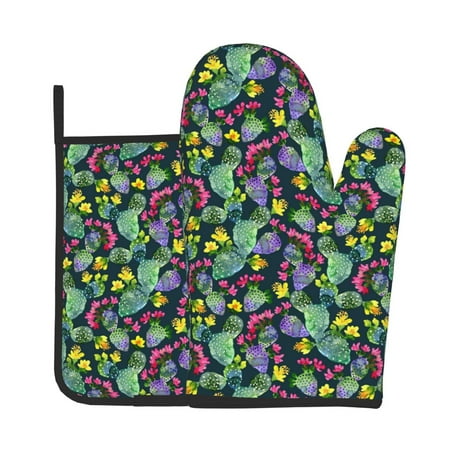 

Junzan Watercolor Cactuses Pattern Oven Mitts and Pot Holders 2 pcs Set Potholders BBQ Gloves Long Kitchen Oven Glove for Cooking Baking Grilling (2-Piece Set 11 Inch)