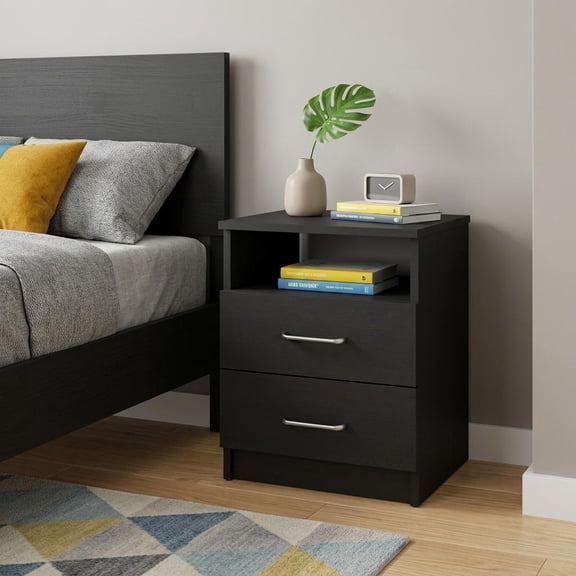 20" Black Wood Two Drawer Nightstand