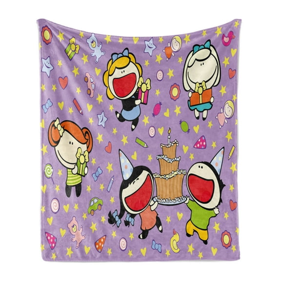 Birthday Soft Flannel Fleece Throw Blanket, Happy Children Tasty Cake Presents Bears Stars on Purple Colored Backdrop, Cozy Plush for Indoor and Outdoor Use, 50" x 60", Multicolor, by Ambesonne
