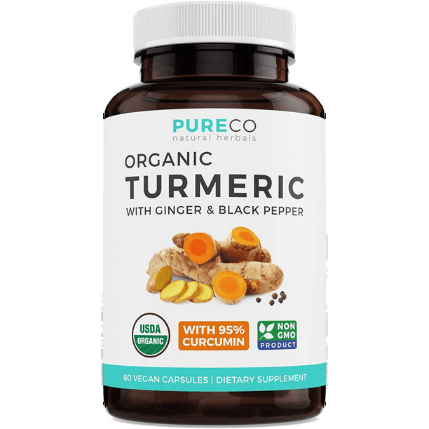 Pure Co USDA Organic Turmeric Curcumin with Black Pepper and Ginger (Vegan) Natural Joint