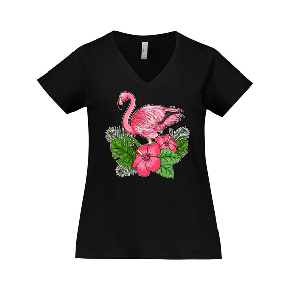 Inktastic Flamingo with Tropical Flowers Women's Plus Size V-Neck T-Shirt