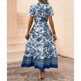 thumbnail image 4 of Women's Summer Dresses Short Sleeve Boho Maxi Dress Floral Print V Neck A Line Lace Elegant High Waist Vacation Sundress (Blue,Medium), 4 of 6