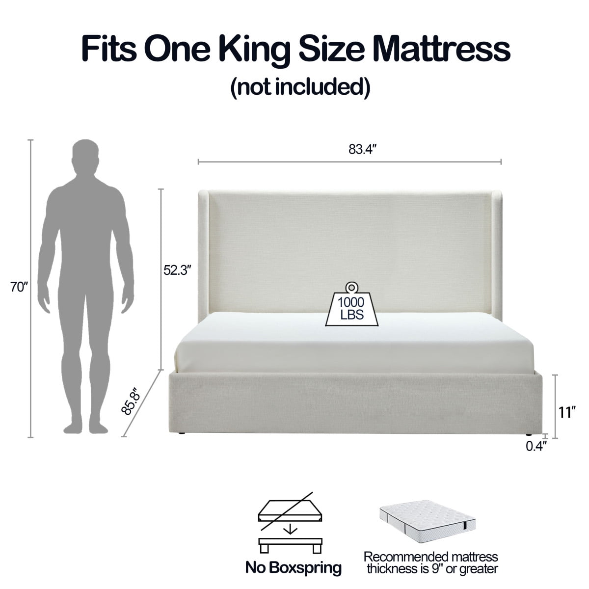 Luckynote Upholstered Wingback Platform Bed, King Frame with 52.3" Headboard, No Box Spring Needed, Minimalist Quiet Design for Master Bedroom, Ivory
