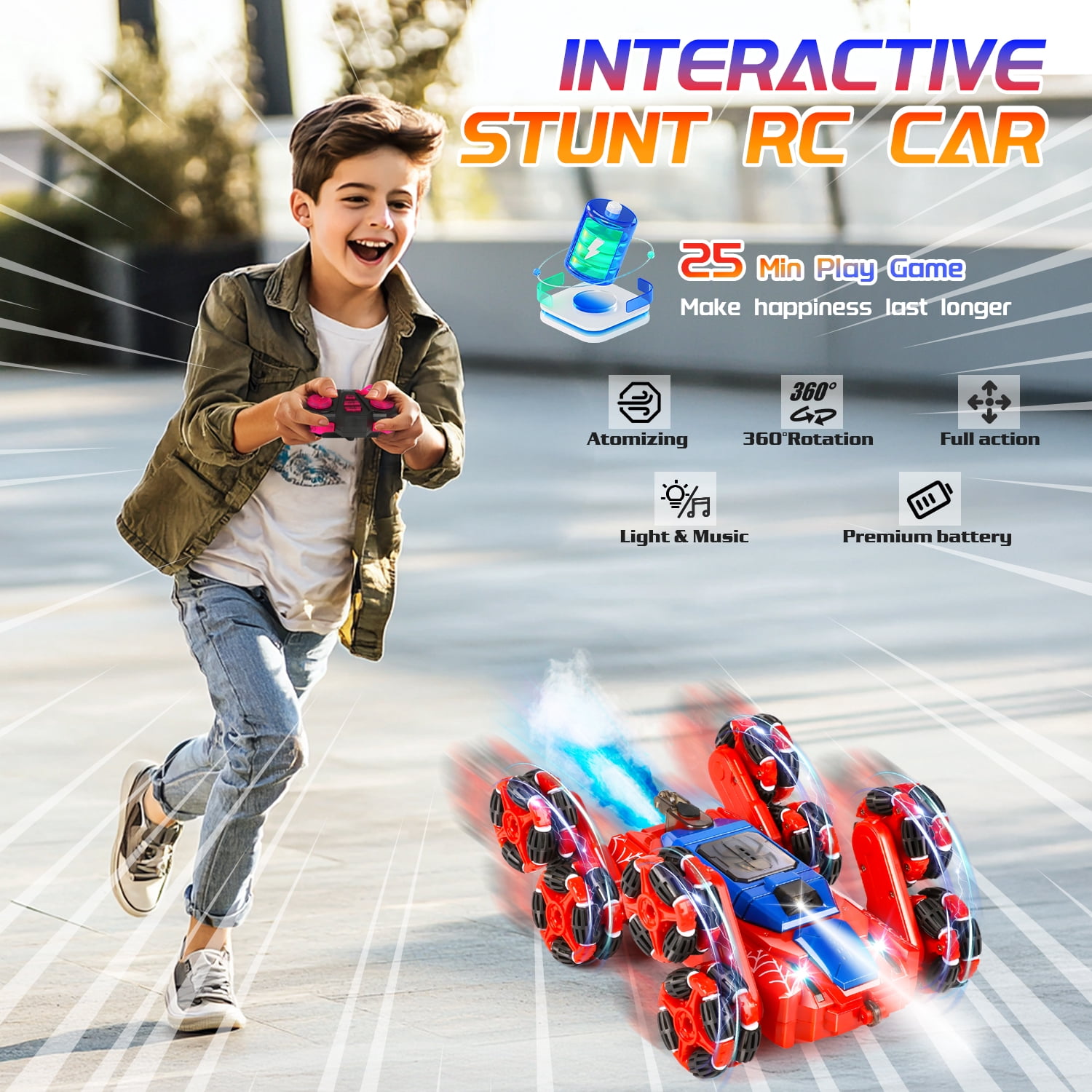Huge Wave 8WD Remote Control Car for 4-9 Year Old Boys, 2.4GHz RC Stunt Car with Lights Music Spray, Double Sided Race Car, Christmas Birthday Party Gift for Kids