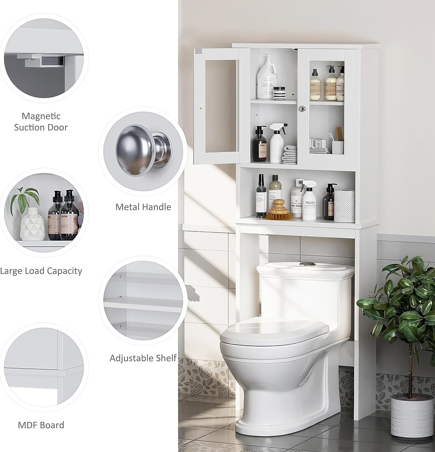Sobaniilo Over The Toilet Storage Cabinet for Bathroom, Storage Organizer Over Toilet, Space Saver with Tempered Glass Doors, White
