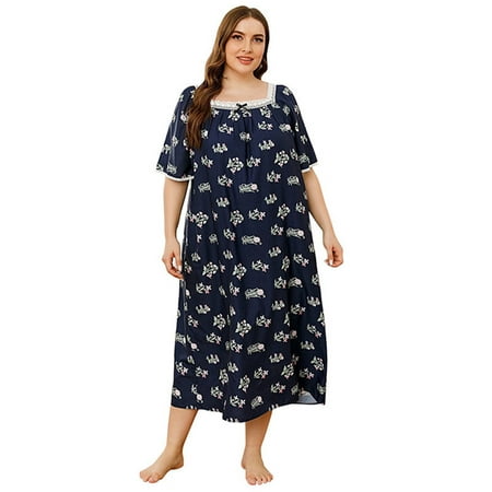 

Orchip Women s Ruffle Neckline Short Sleeve Printed Long Dress Loose Plus Size Pajama