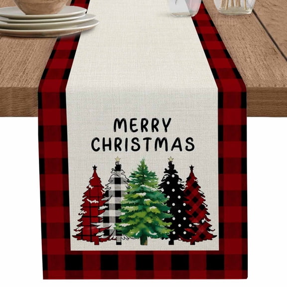 nqOlkjepod Christmas Tree Table Runner 108 Inches Long Farmhouse Dress Scarves, Green Xmas Tree Red Black Plaid Dining Tablerunner for Coffee Table/Kitchen Island/Party Décor, 13" x 108"
