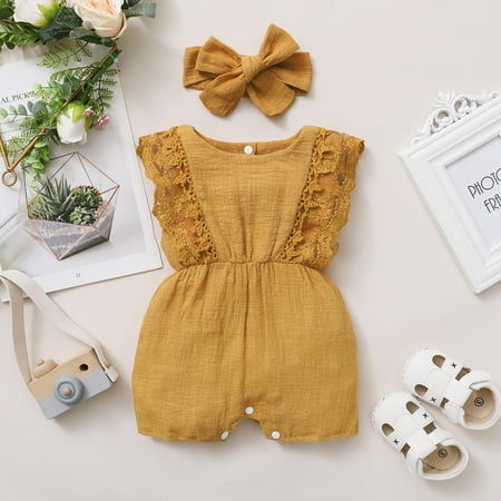 

PatPat Newborn Girls Ruffle Sleeveless Baby Romper with Bowknot Headband 2 Piece Onesies Cotton Summer Outfit for Infant Baby Girl Casual Jumpsuit Snap-Up Lace Sleeve Rompers 3-18 Month Yellow