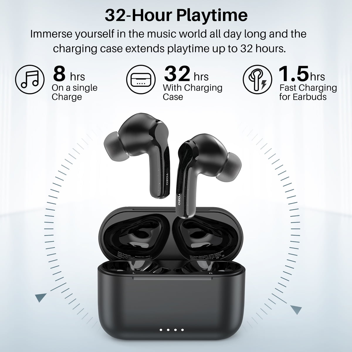 TOZO NC2 Noise Cancelling Earbuds Wireless, Bluetooth in-Ear Detection Headphones, 42H Play, ENC Mic Clear Calls, Stereo Bass, IPX6 Waterproof, Transparency Mode, Wireless Charging, One-Step Pairing