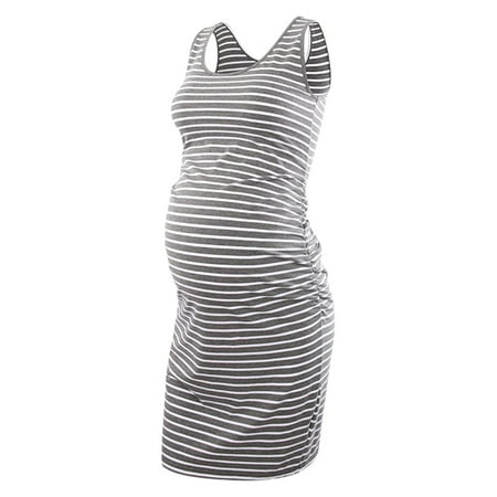 

Woman Pregnant Dress Stripe Sleeveless Crew Neck Slim Midi Dress Summer Casual Maternity Dress