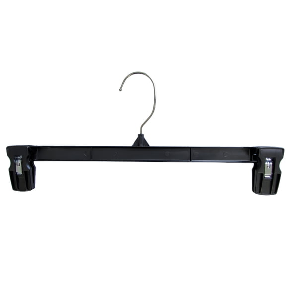 XIBUFE Recycled Black Heavy Duty Plastic Bottom Hangers with Padded Plastic Pinch Clips and Polished Metal Swivel hangers,14 Inch,10 Set