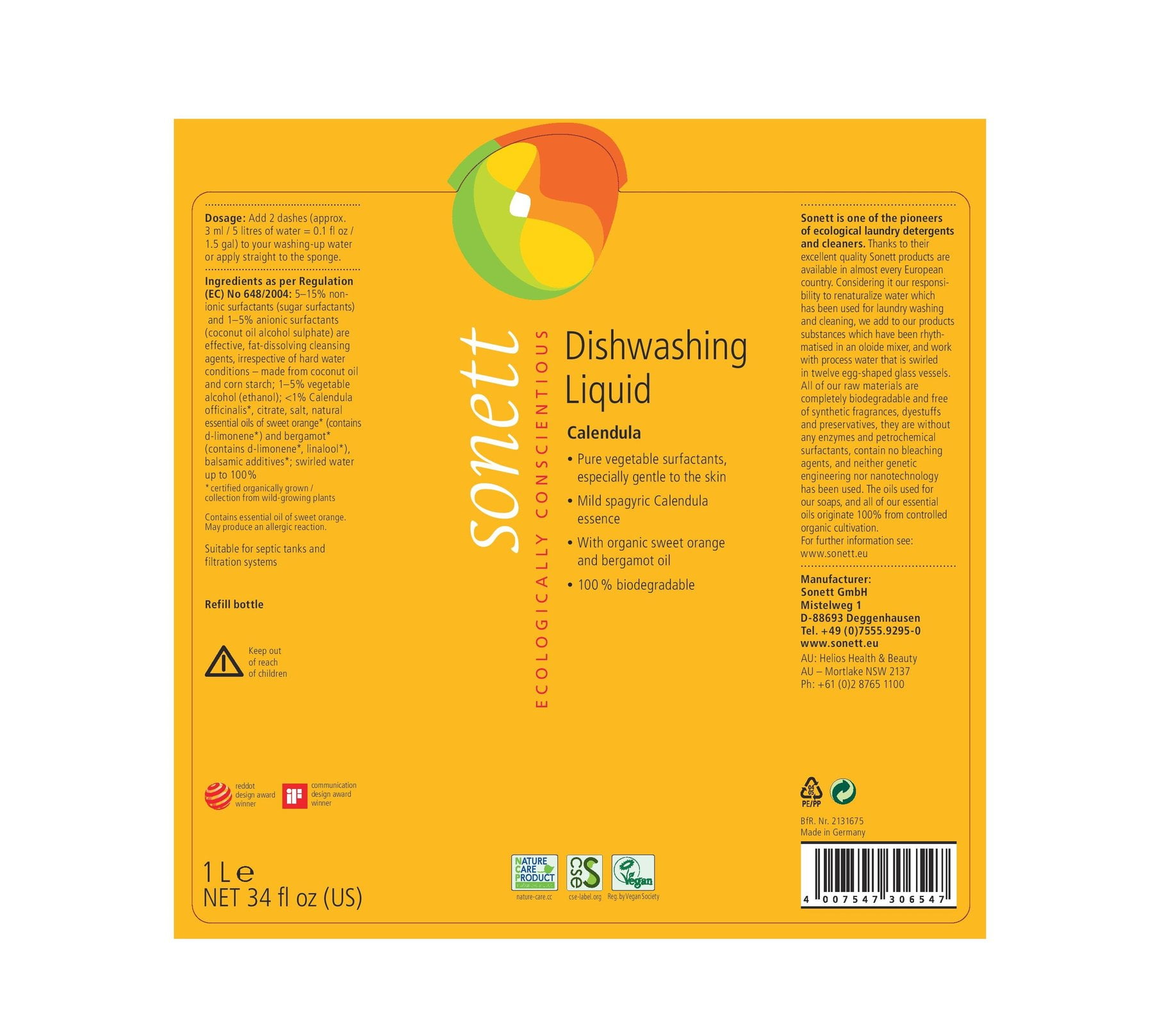 Sonett Organic Dishwashing Soap Liquid Calendula 10 oz - Pack of 6