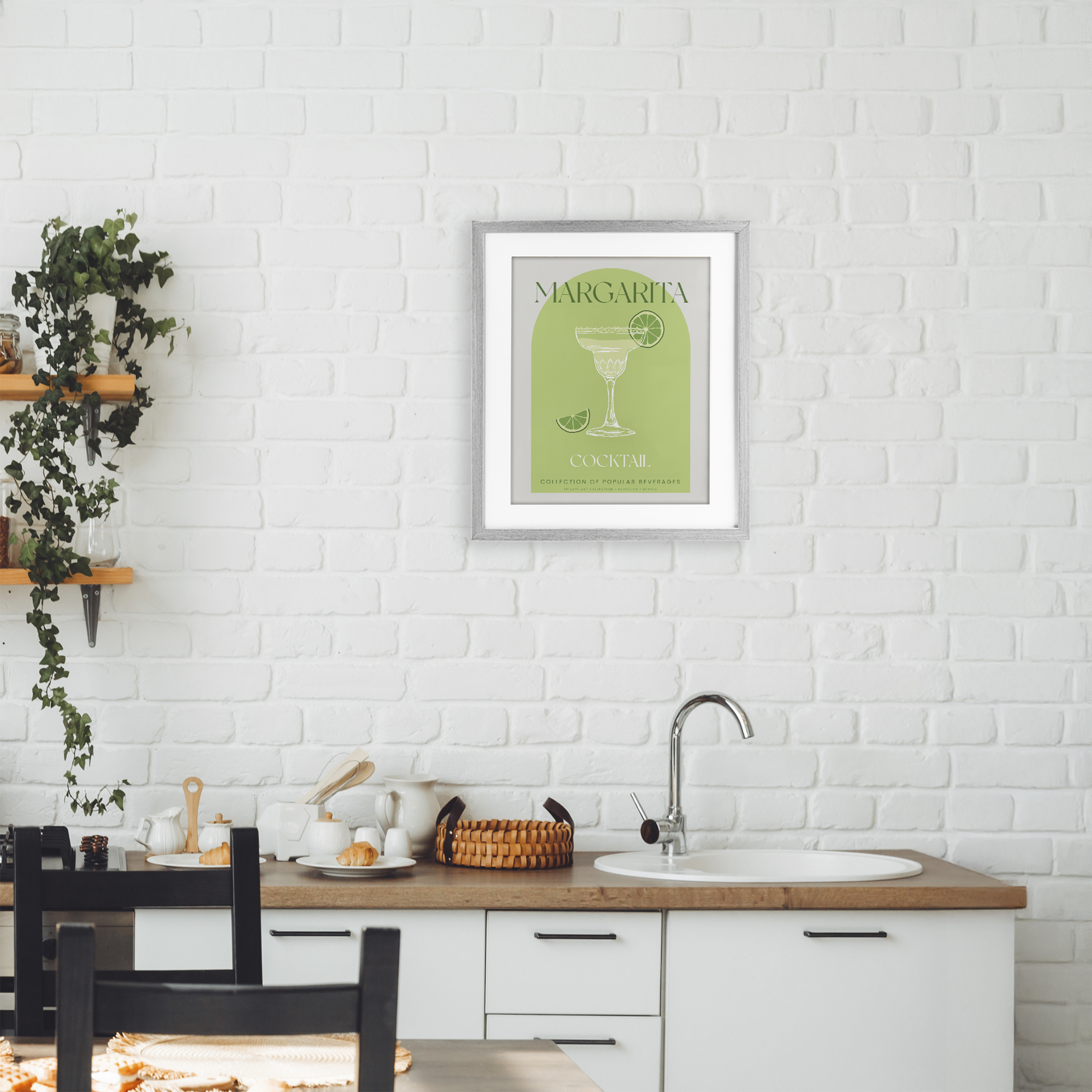 Stylish Retro Margarita Gray Framed Print Under Glass, design by Lil' Rue
