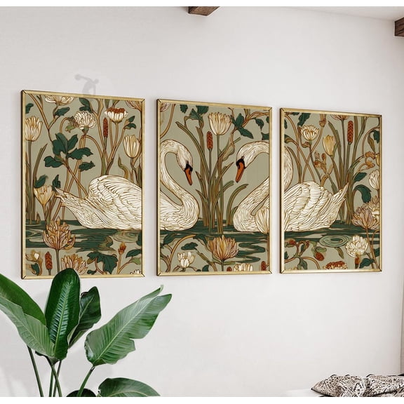 Swan Wall Art Art Nouveau Botanical Print Cream Gold Water Lily Pond Romantic Set 3 Unframed Paper Print 8x12