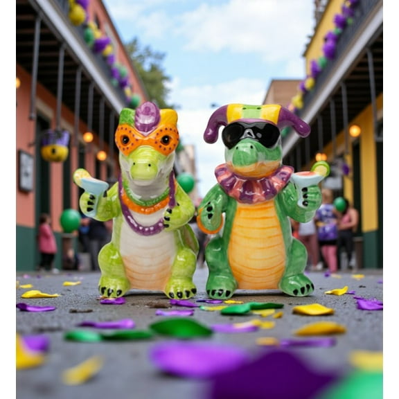 Ceramic Mardi Gras Crocodiles Salt and Pepper Shakers, Festive Decor, Kitchen Decor, Gift for Her